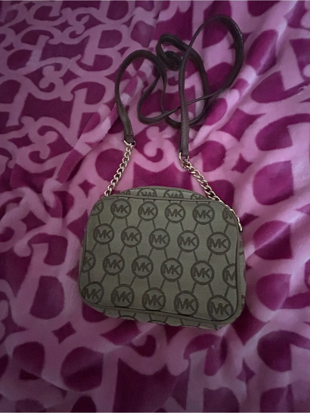 Michael Kors Brown/Gray MK Logo Crossbody with Gold Hardware